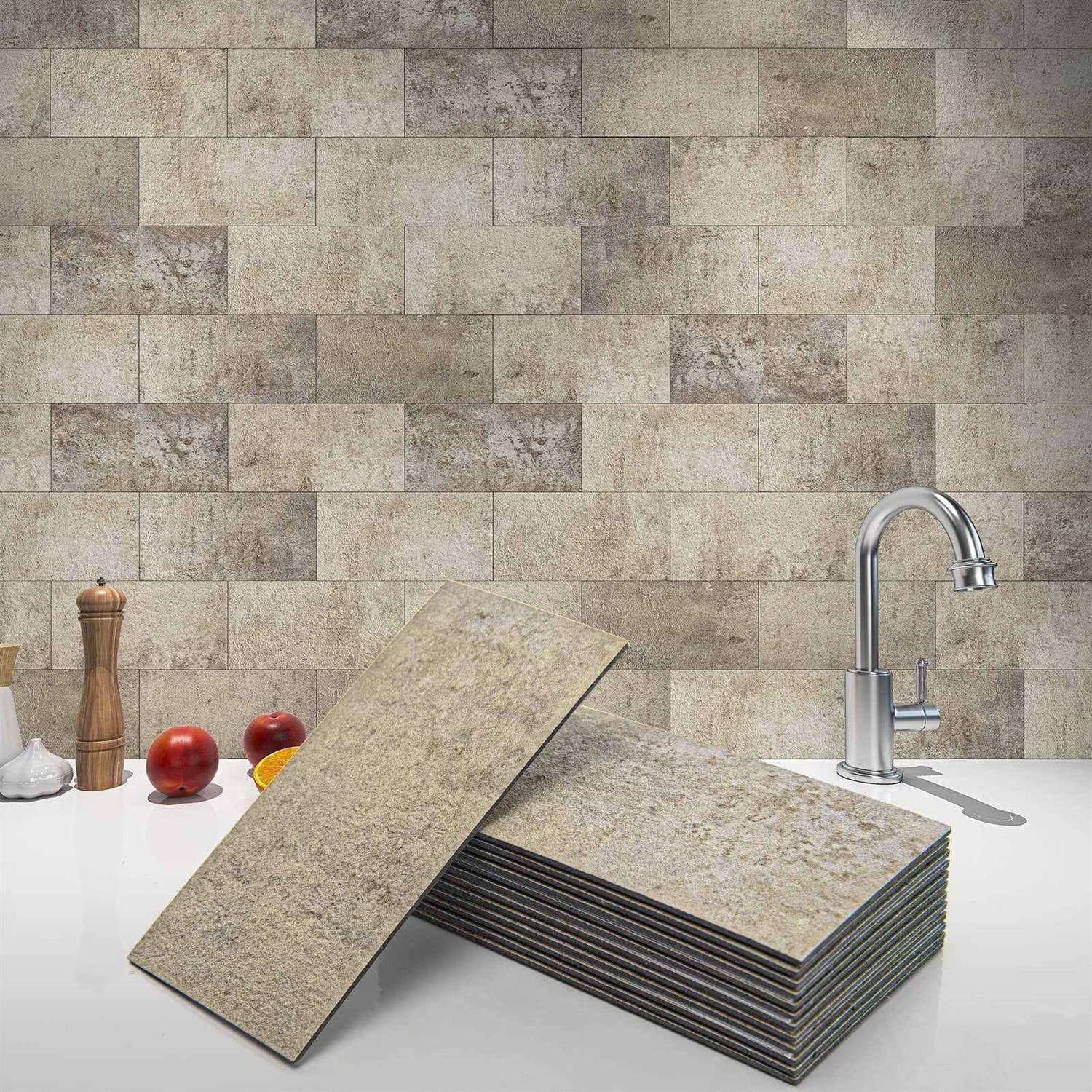 Art3d 32-Piece Peel and Stick Wall Tile for Kitchen Backsplash, Bathroom, Fireplace, 3in. x 6in. Stick on Subway Tile Stone Beige