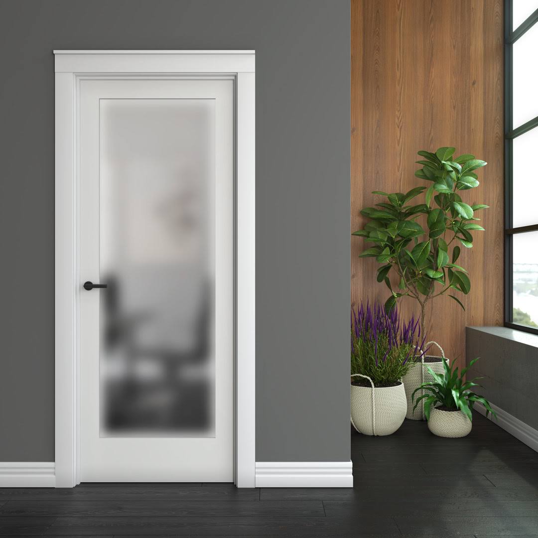 EightDoors 30 in. x 80 in. x 1-3/8 in. 1-Lite Solid Core Frosted Glass Shaker White Primed Wood Interior Door Slab