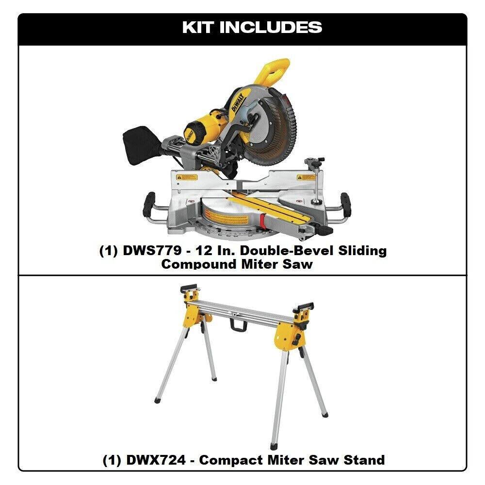 DeWalt DWS779-DWX724 120V 15 Amp Double-Bevel Sliding 12-in Corded Compound Miter Saw with Compact Stand Bundle