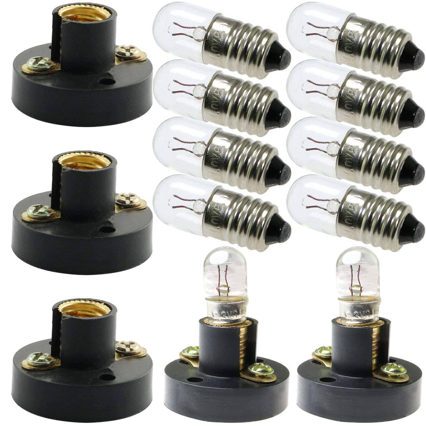 MEETOOT Set of 10pcs Screw Mini Bulb 6.3V and 5pcs E10 Mini Bulb Holder Black Plastic Pure Brass Lamp Bases Student Experiment Lighting DIY