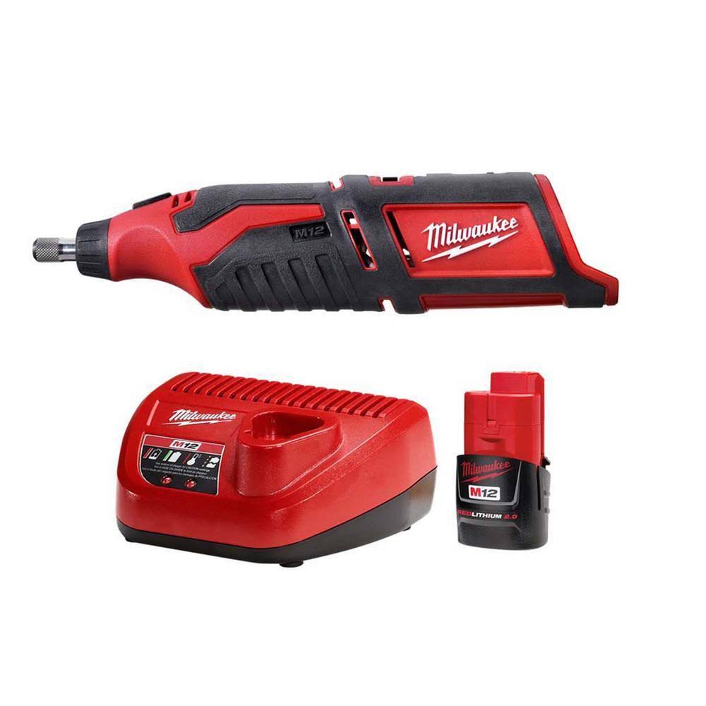 Milwaukee M12 12V Lithium-Ion Cordless Rotary Tool w/Compact Battery Pack 2.0Ah and Charger Starter Kit