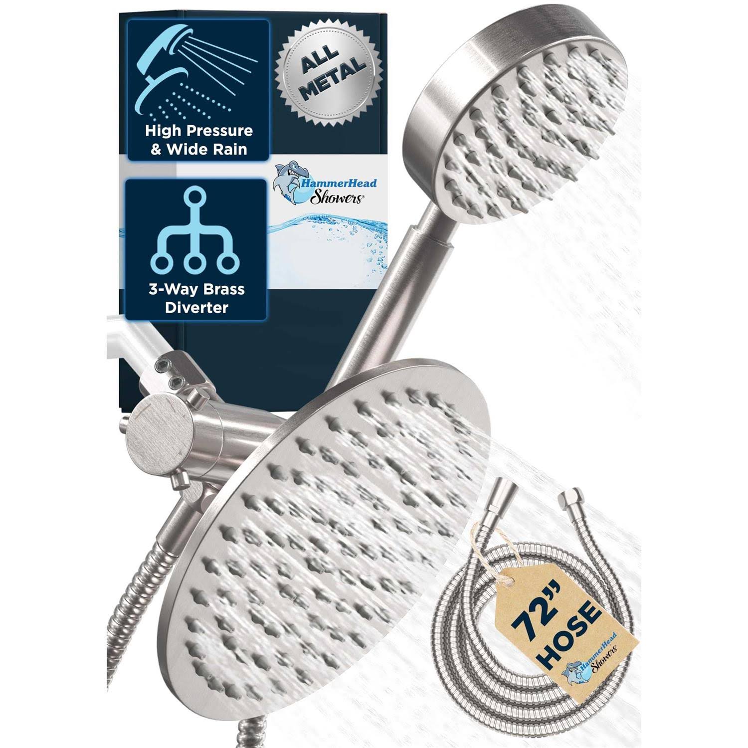 All Metal Dual Shower Head Combo Brushed Nickel- 8 inch Rainfall High Flow Shower Head & Handheld Shower Head High Pressure with Hose 6ft- Luxurious