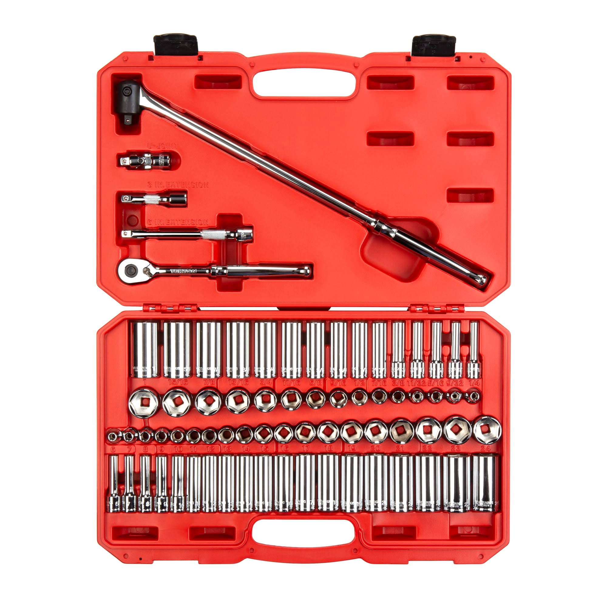 Tekton 3/8 inch Drive 6-Point Socket Ratchet Set 74-Piece 1/4-1 in 6-24 mm | SKT15311