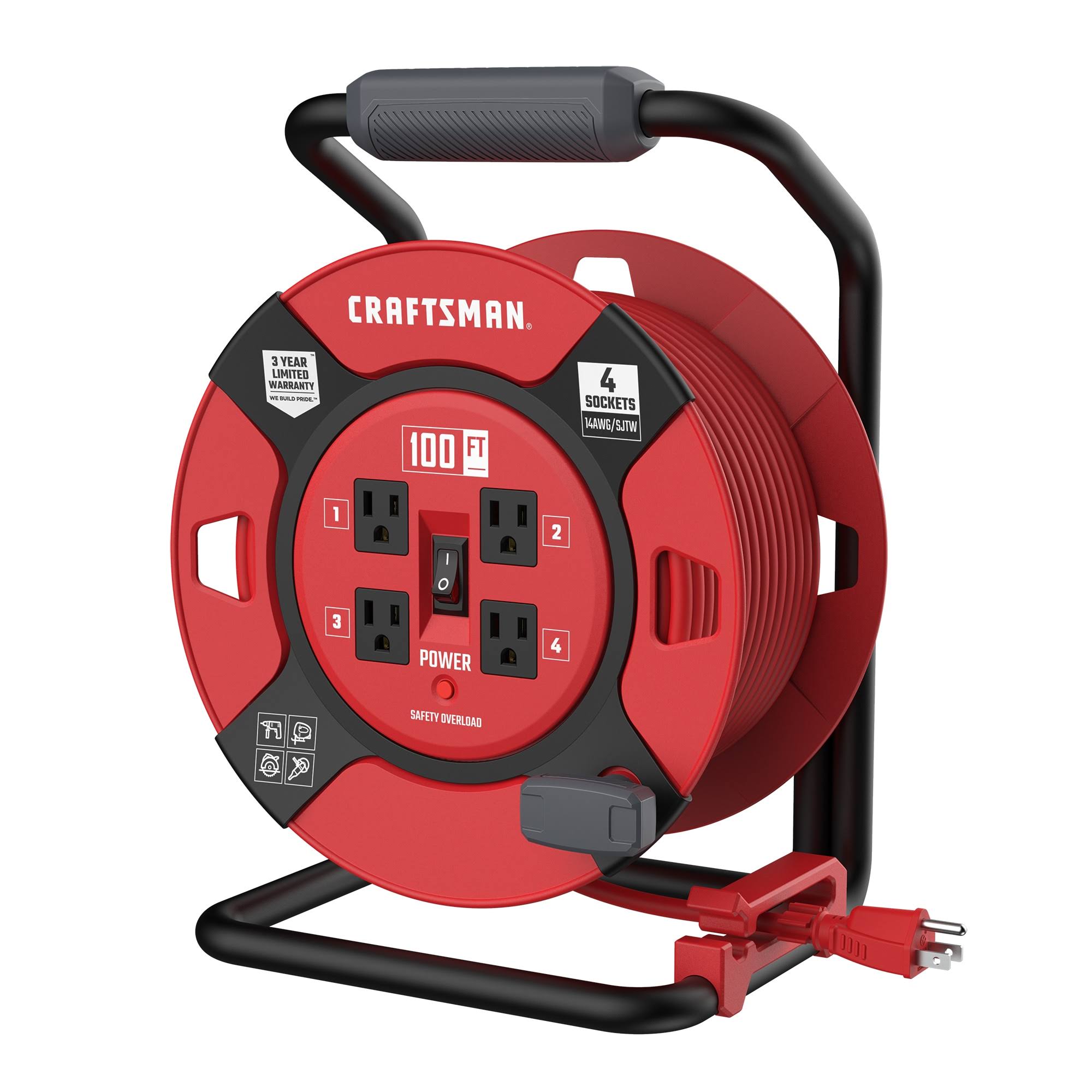 Craftsman Heavy Duty Retractable Extension Cord, 100 ft with 4 Outlets- 14AWG SJTW Cable- Outdoor Power Cord Reel