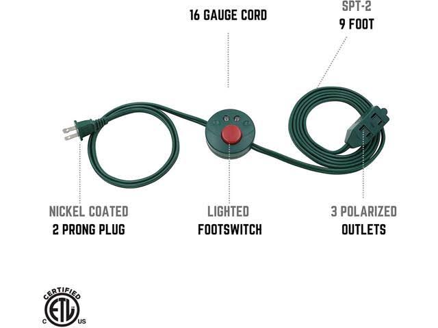Clear Power 3 Outlet Indoor Extension Cord 16/2 SPT-2 w/Lighted Footswitch (9 ft, Green) , CP10028
