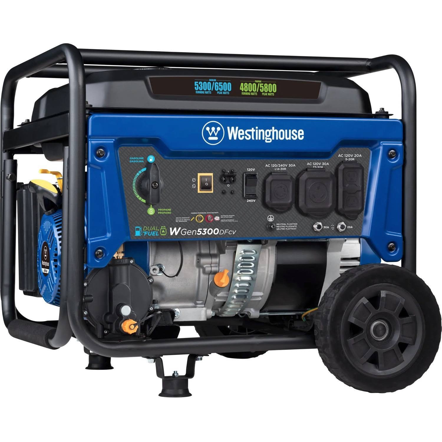 Westinghouse WGen5300DFcv- 5300 Watt Dual-Fuel Portable Generator w/ RV Outlet & Co Sensor (CARB)