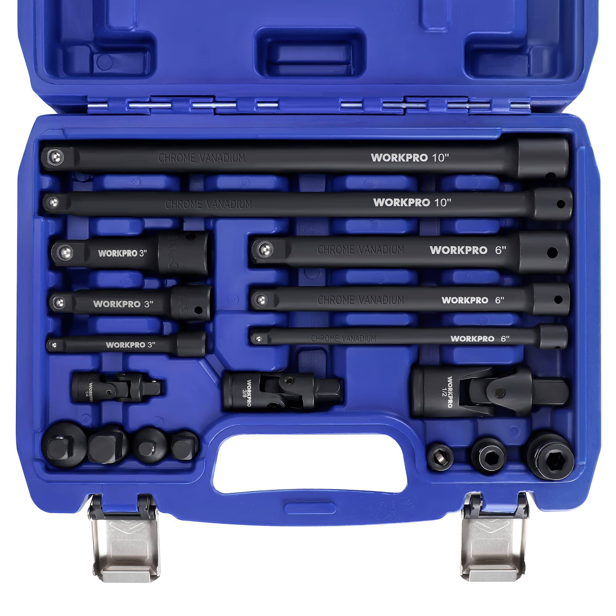 WorkPro 18-Pieces Drive Tool Accessory Set, Includes Socket Adapters, Socket Extension Bar, Swivel Universal Joints and Impact Coupler, 1/4