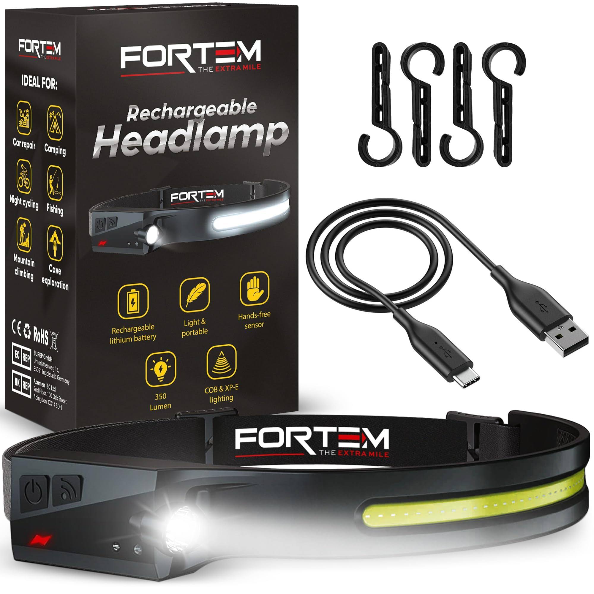 Fortem Headlamp Rechargeable 1-Pack, 230�� Wide Beam LED Head Lamp W/MOTION Sensor, 6 Modes for Mechanic, 350 Lumen Hardhat Flashlight, Waterproof