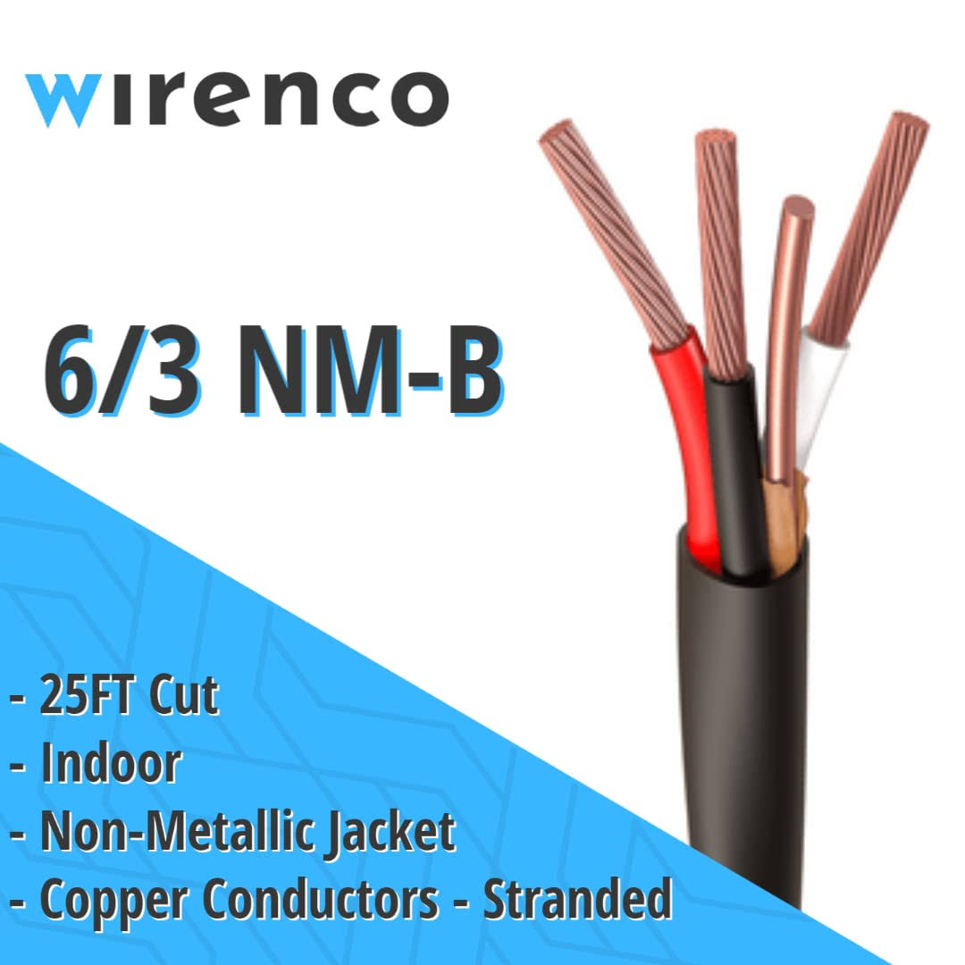 Wirenco 6/3 NM-B, Non-Metallic, Sheathed Cable, Residential Indoor Wire, Equivalent to Romex (25ft Cut)
