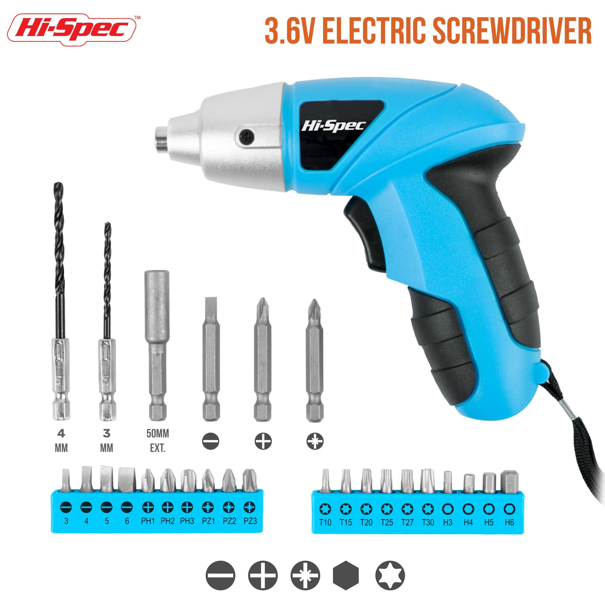 Hi-Spec 27 Piece Blue 4.8V Electric Cordless Power Screwdriver & Bit Set.