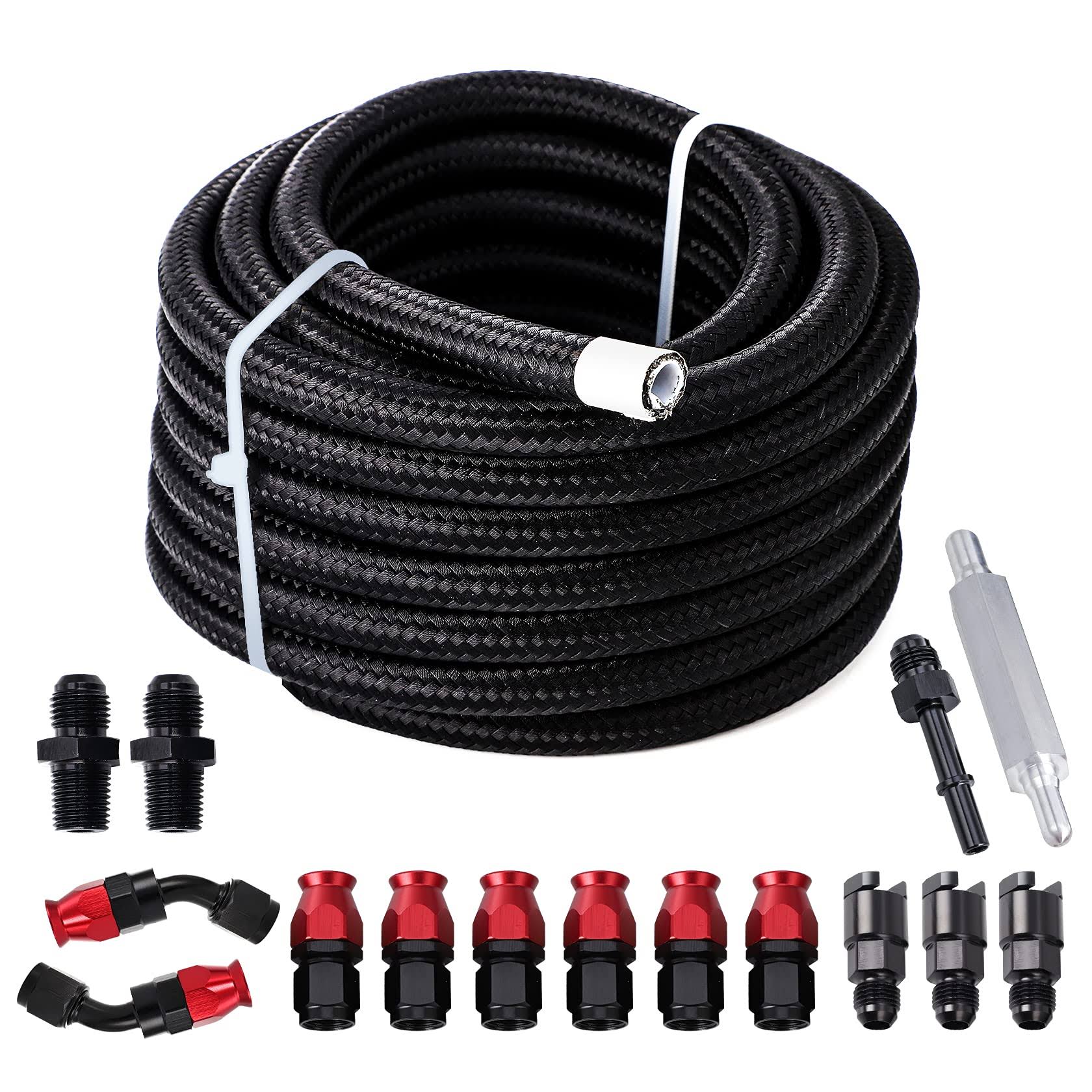 Pilida 25ft PTFE Fuel Line Kit: 6AN 3/8' Fuel Hose EFI LS Fuel Injection Line E85 Oil GAS Hose Fitting Kit Nylon Stainless Steel, Black