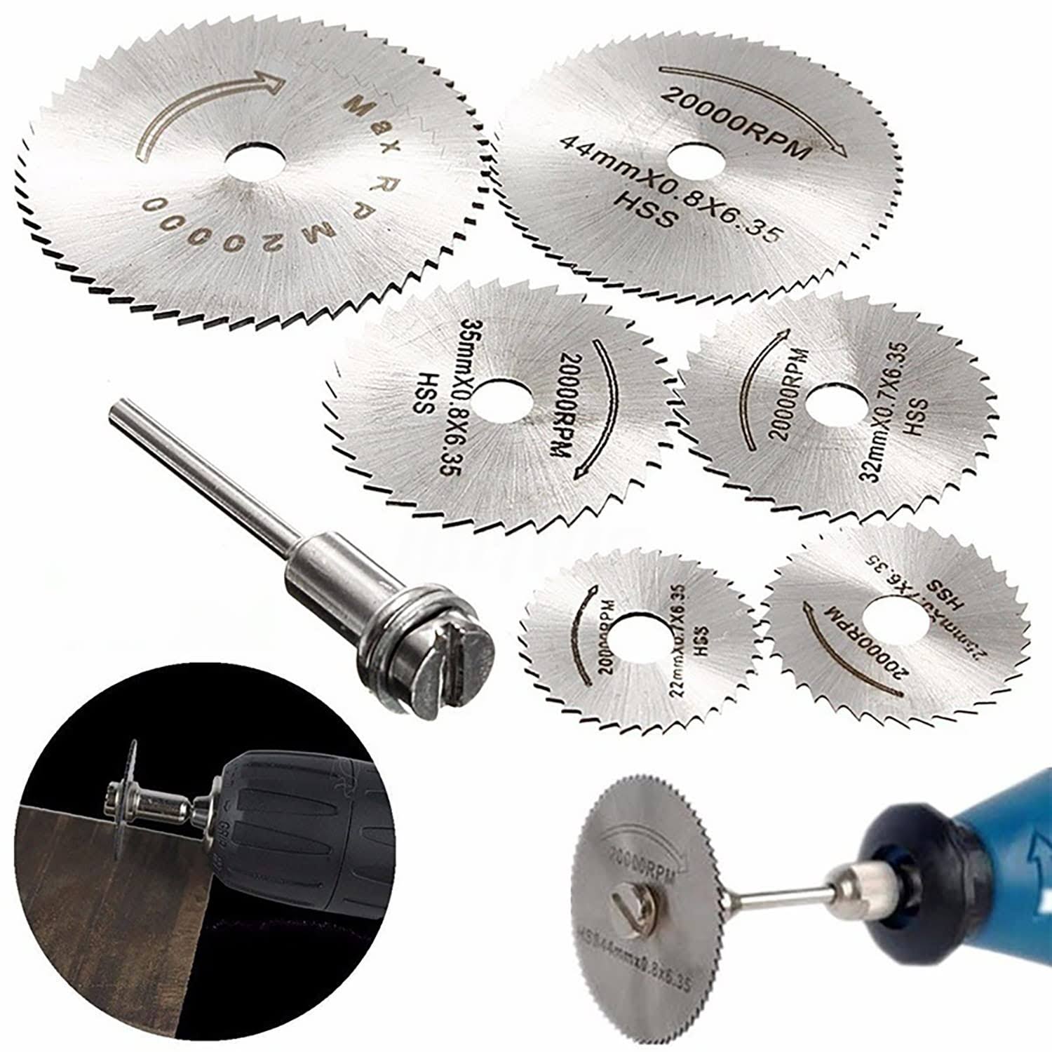 YWHWLX 7pc HSS Circular Saw Blades with 1/8' Shank Cutting Wheel Set Rotary Tools for Wood Metal DIY Craft, Silver