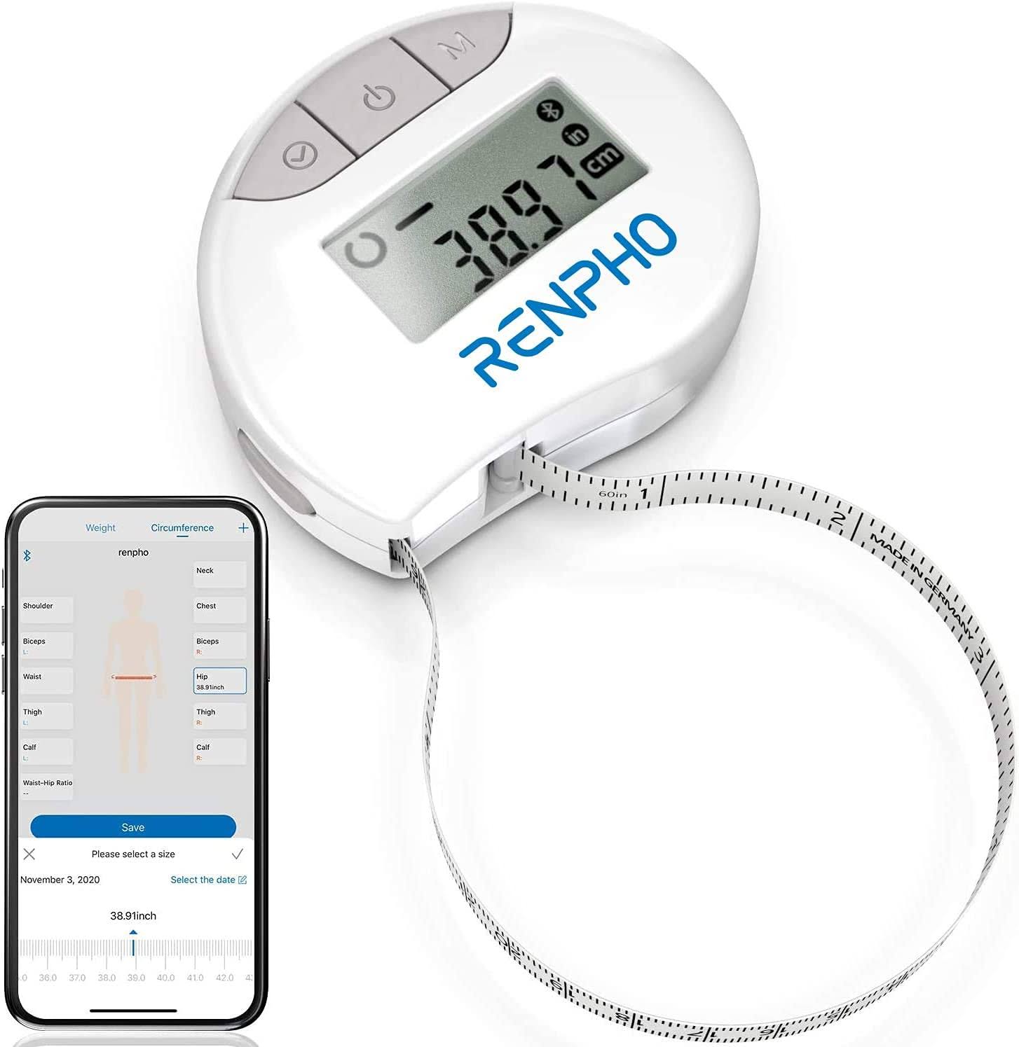 RENPHO Smart Tape Measure Body with App, Bluetooth Measuring Tapes for Body, Weight Loss, Muscle Gain, Fitness Bodybuilding, Retractable, Measures