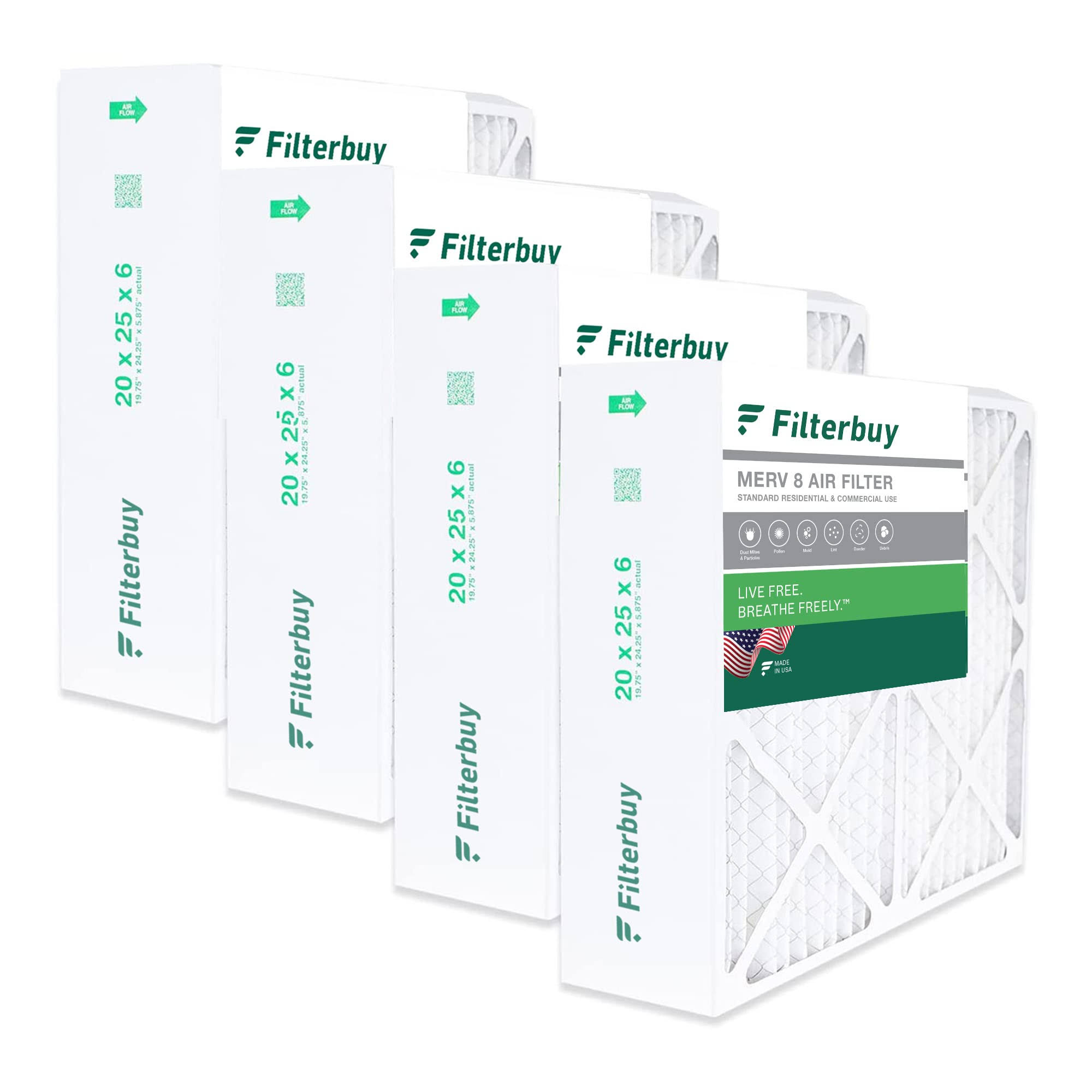 Filterbuy 20x25x6 Air Filter MERV 8, Pleated HVAC AC Furnace Filters Replacement for Aprilaire (Set of 4) ASG20x25x6M8pk4