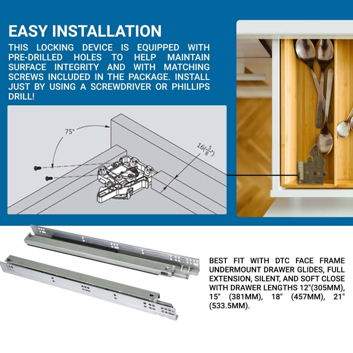 Pair of DTC Undermount Drawer Slide Plastic Front Locking Device Left and Right, Grey with Screws Included