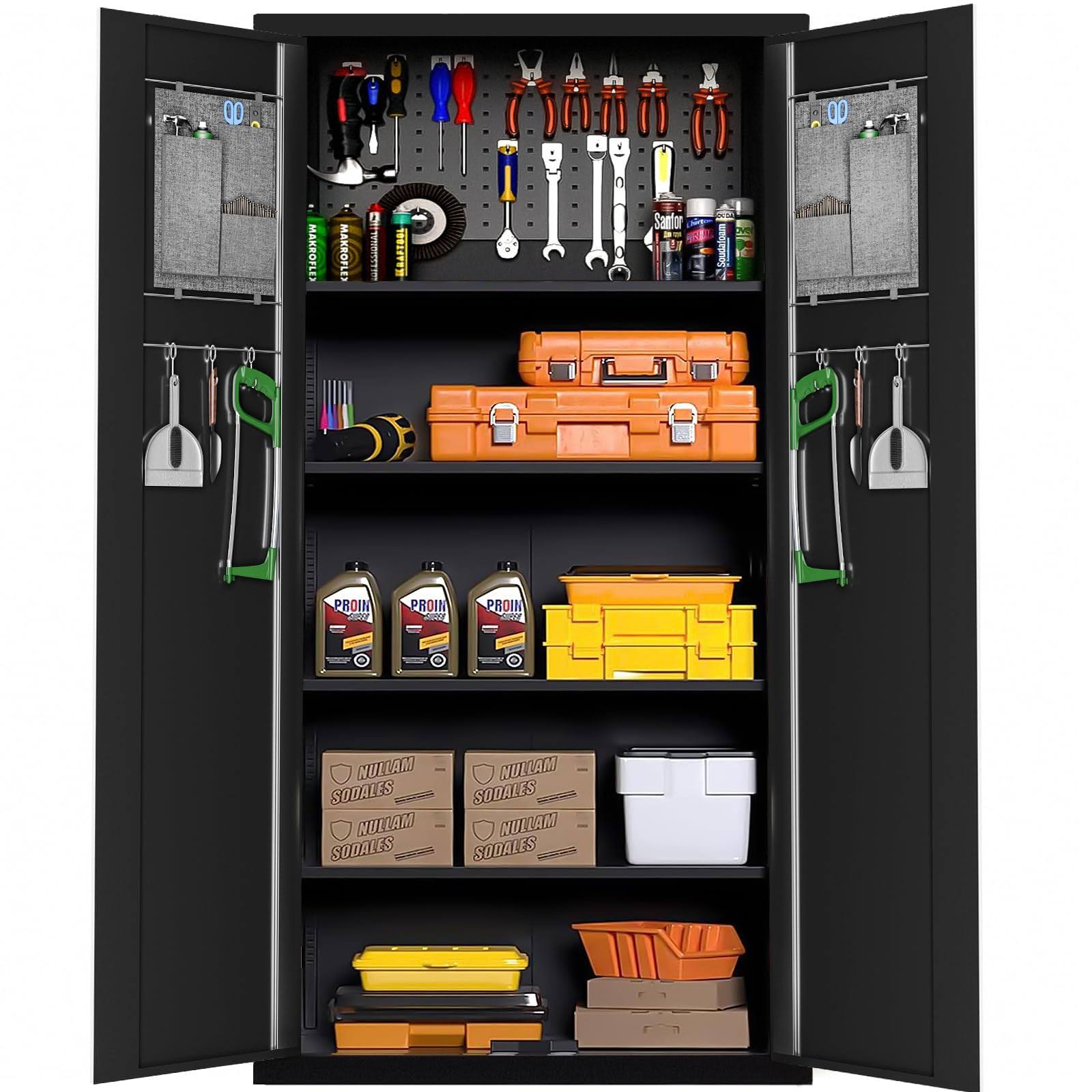 Pataku Garage Storage Cabinet Black Metal Locking Cabinet with Door Multifunctional with Adjustable Shelves, Pegboard, Hanging Rod, Tool Cabinet for