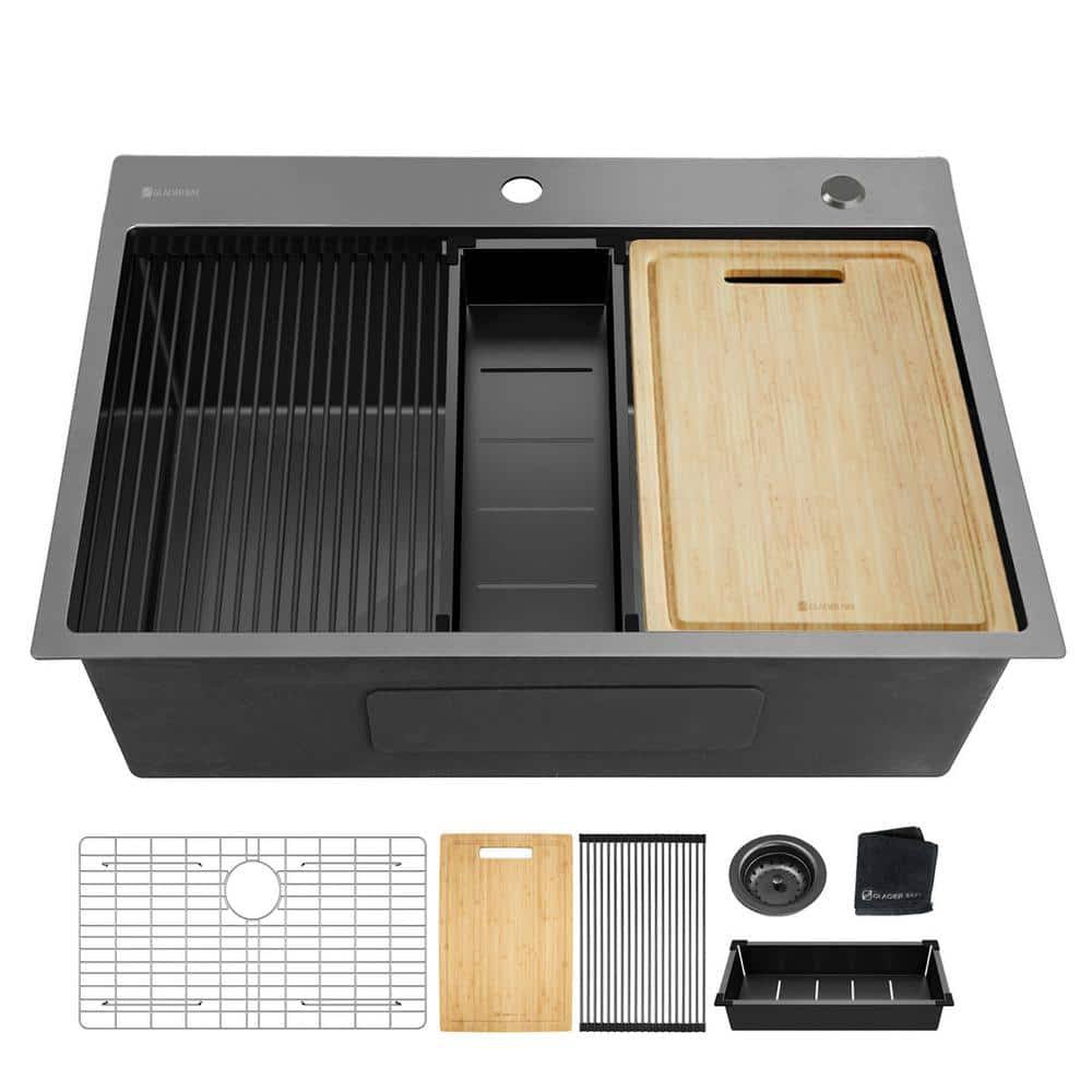 Glacier Bay Gunmetal Black Stainless Steel 32 in. 18 Gauge Single Bowl Dual Mount Workstation Kitchen Sink