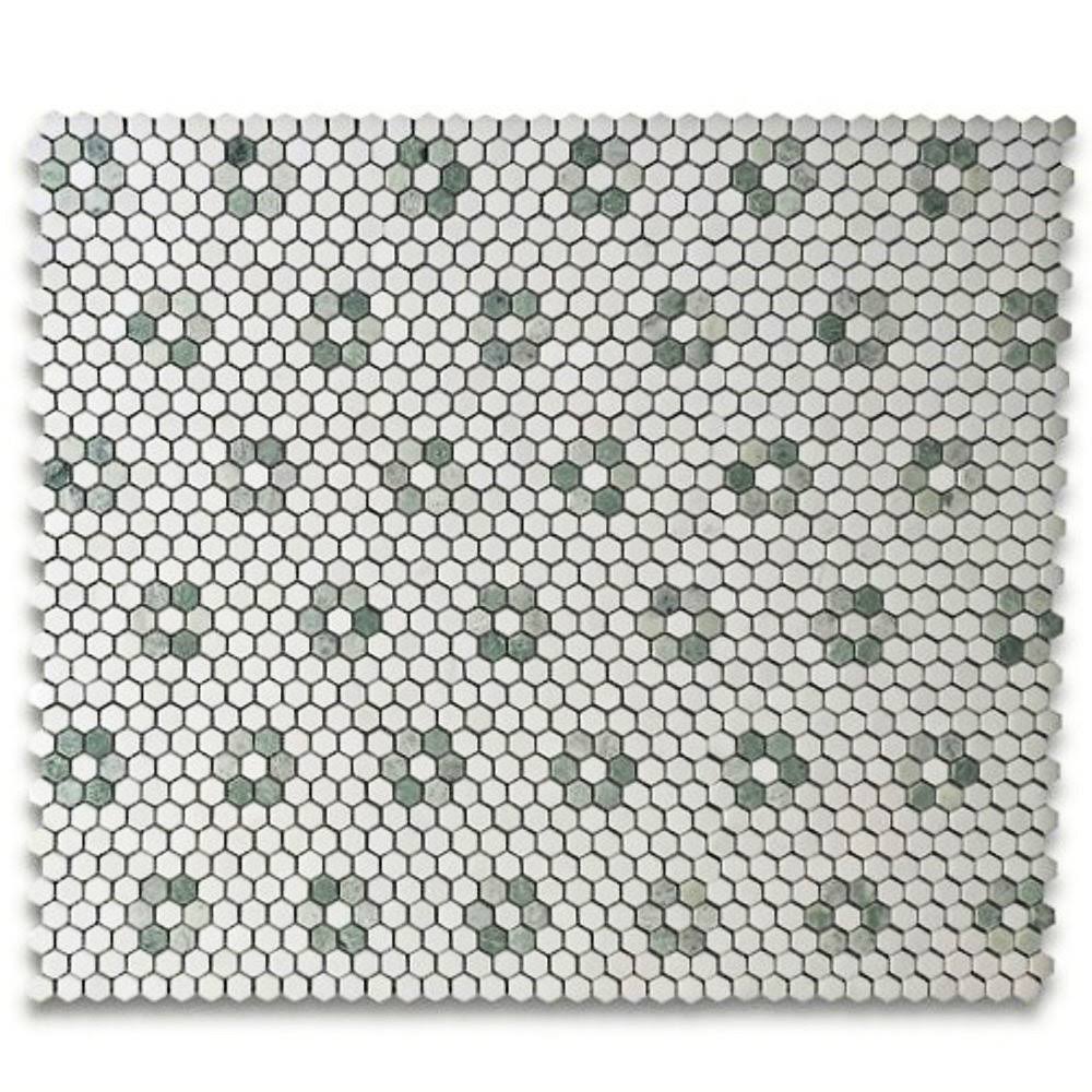 Ming Green Thassos White Rosette Marble Hexagon Mosaic Tile Polished