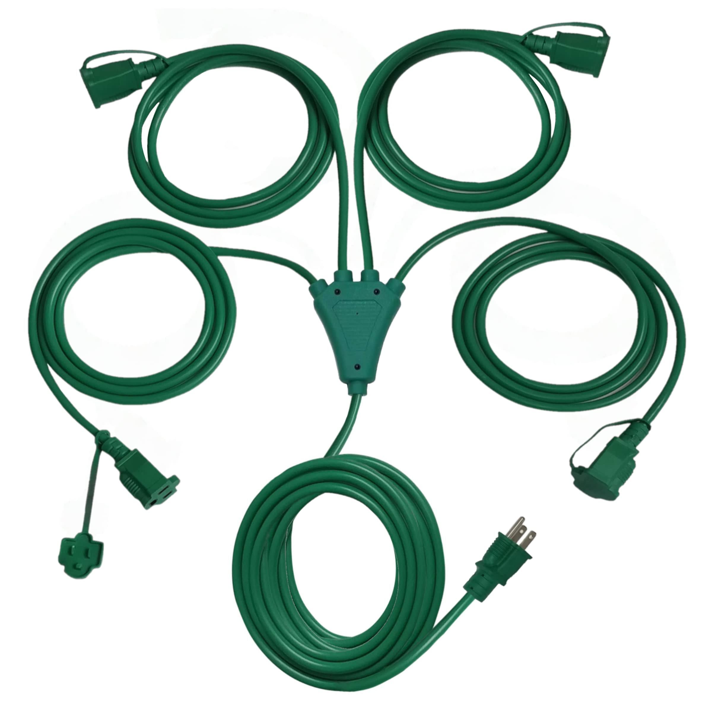 Stright 1 to 4 Splitter Extension Cord (Combined 46 ft, End to End 28 ft), 3 Prong Plug with 4 Extended Outlets, with Weatherproof Covers for Indoor