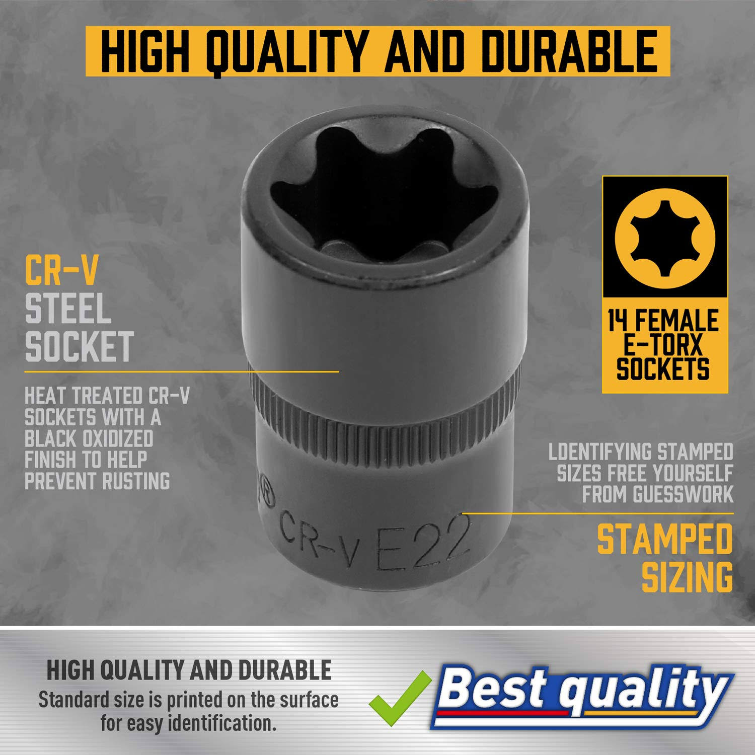 Amartisan 14 PC Female E-Torx Star Socket Set/Rail, 1/4