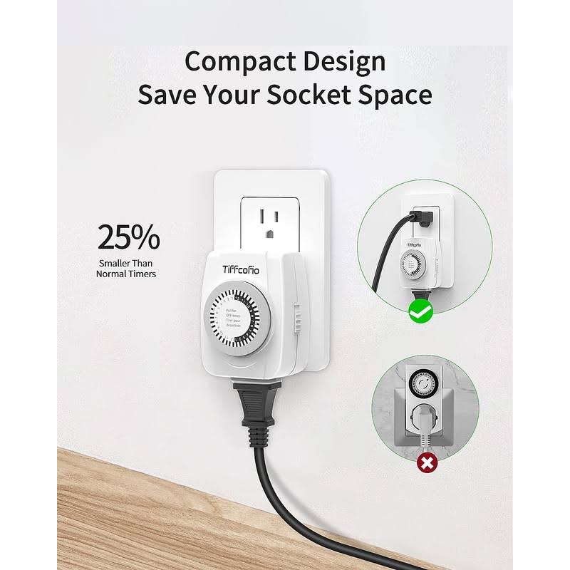 TiFFCOFiO Indoor Mechanical Outlet Timer 3 Prong Timers for Electrical Outlets 24-Hour Programmable Plug in Light Timer ETL Listed (2 Pack)