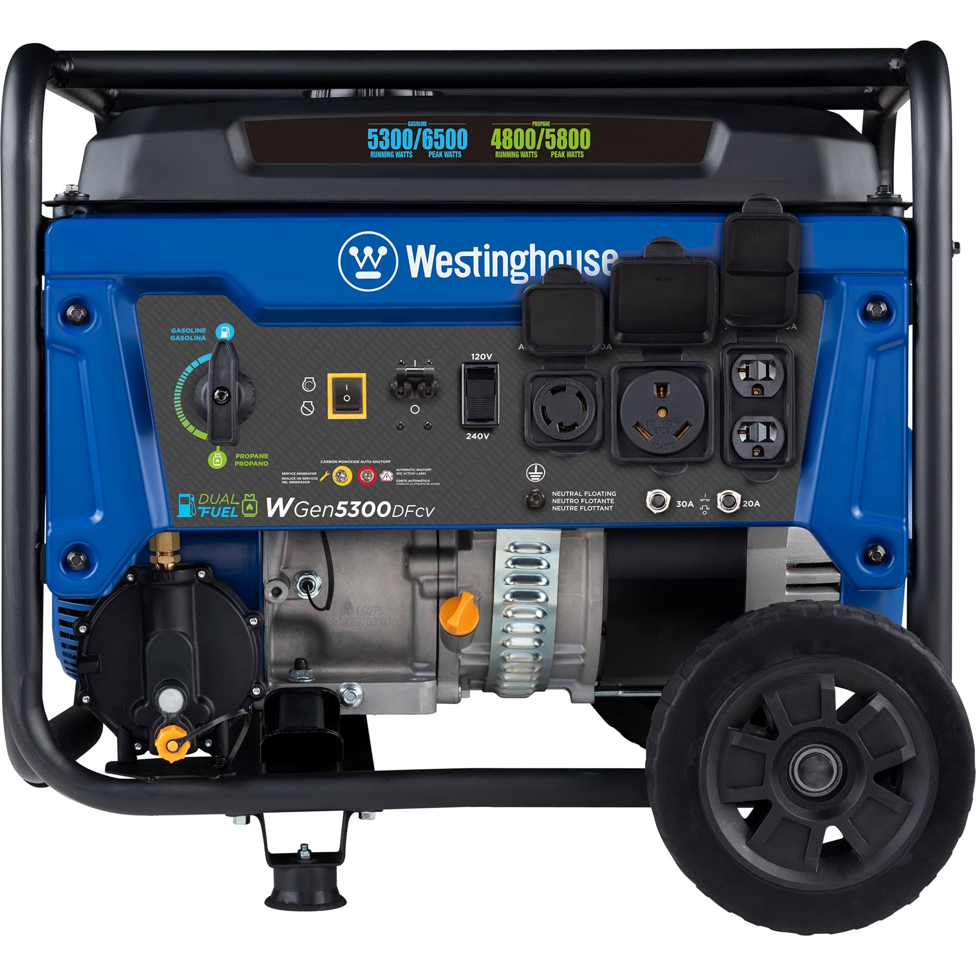 Westinghouse WGen5300DFcv- 5300 Watt Dual-Fuel Portable Generator w/ RV Outlet & Co Sensor (CARB)