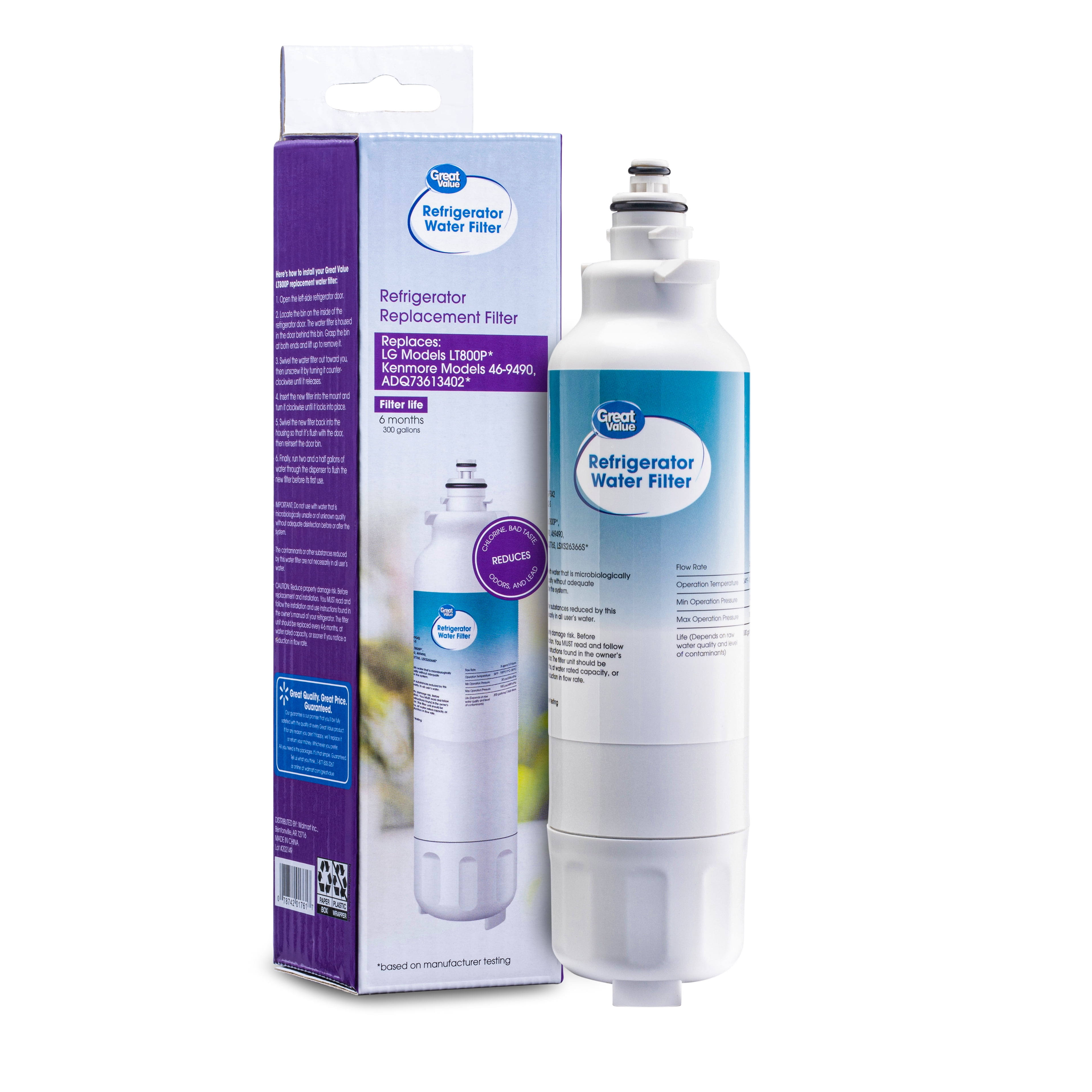 Great Value Replacement Refrigerator Water Filter, LG LT800P and Kenmore 9490, 1 Pack GVF042