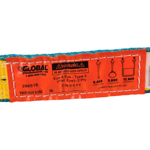 Global Industrial Sling, Eye & Eye, 6 ft L x 2 in W, 6400/5000/12800 lbs Cap