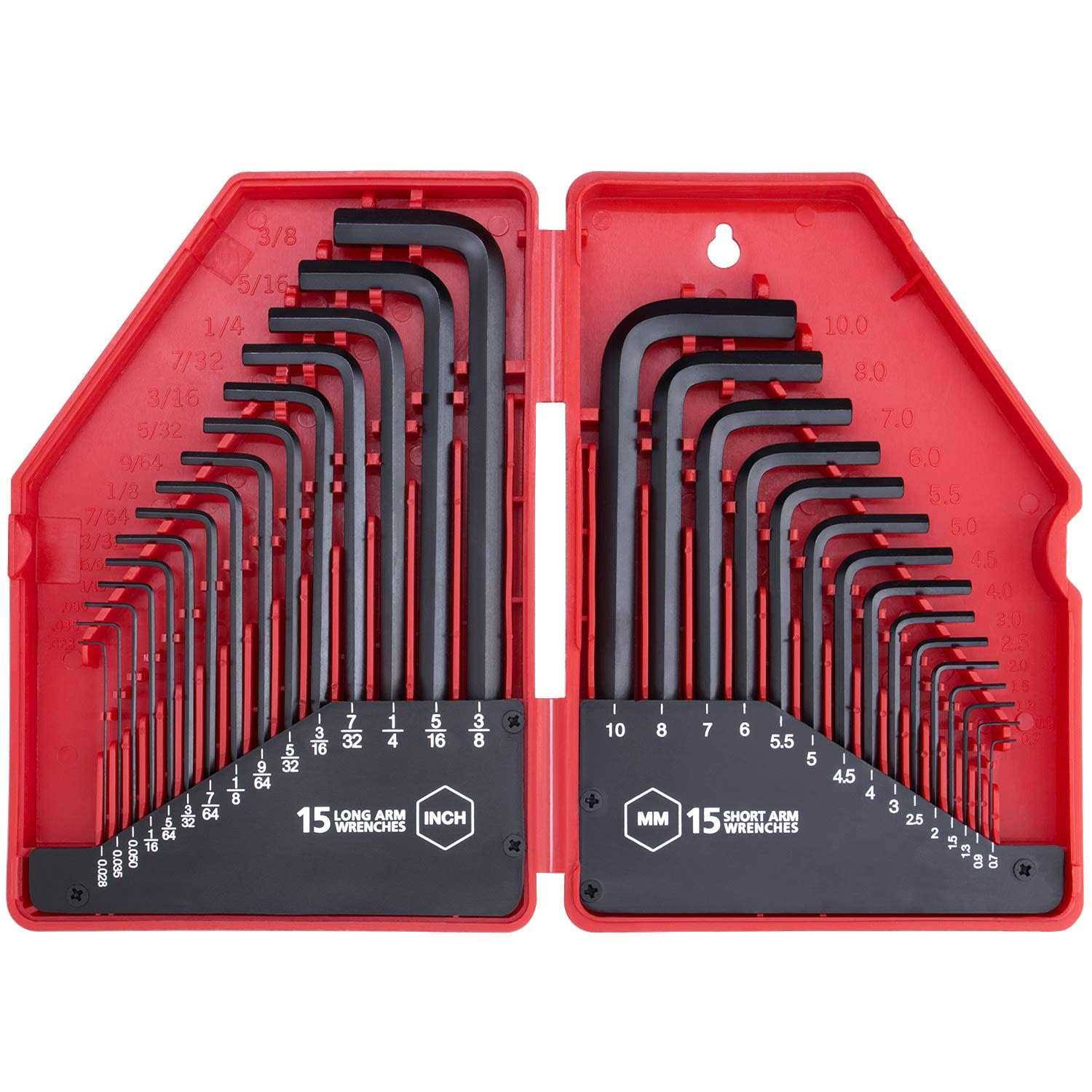 30-Piece Premium Hex Key Allen Wrench Set, SAE and Metric Assortment, L Shape, Chrome Vanadium Steel, Precise and Chamfered Tips | SAE 0.028- 3/8