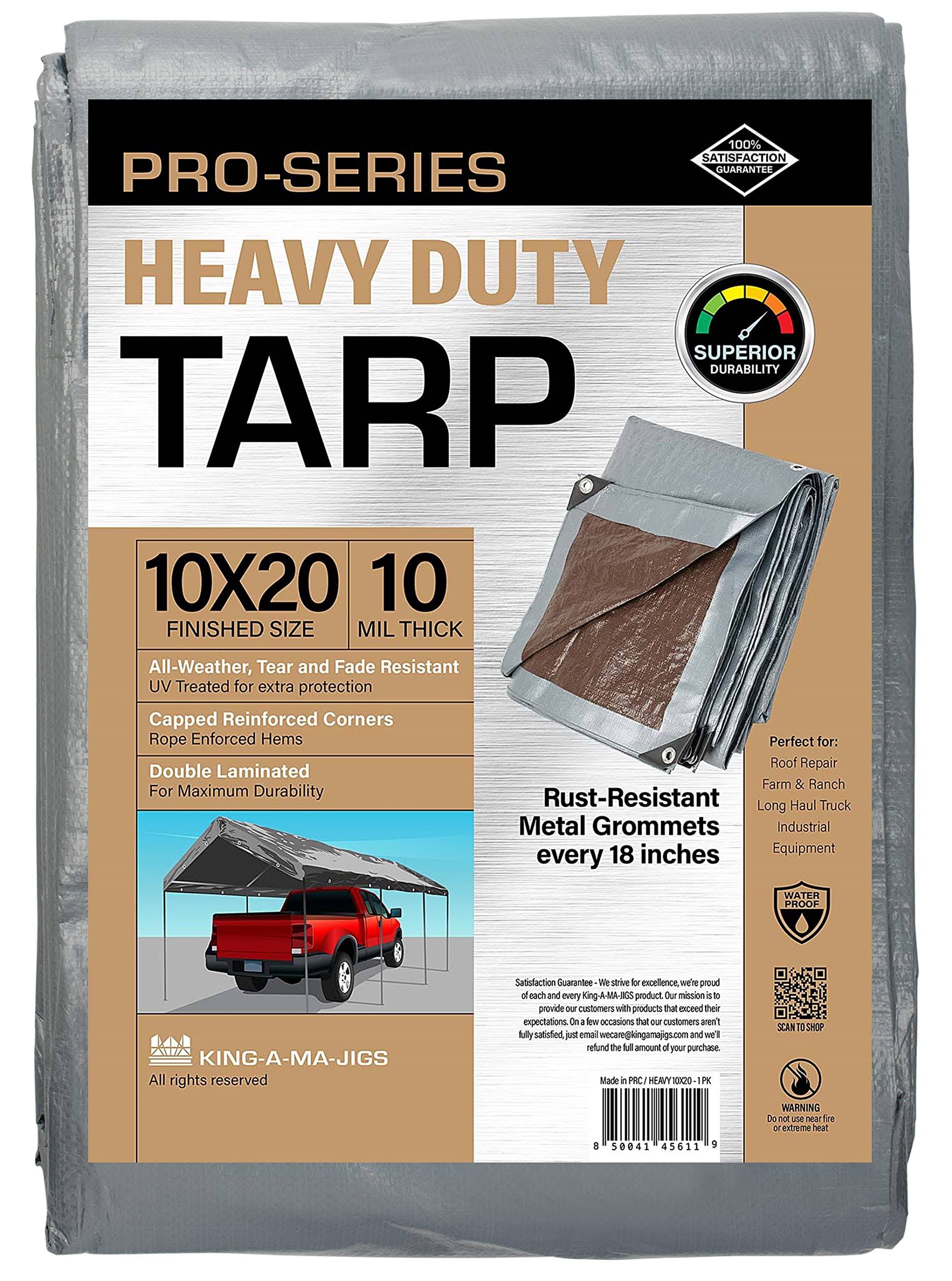 KING-A-MA-JIGS 10x20 Heavy Duty Tarp, 10 Mil Thick, Waterproof, Tear & Fade Resistant, High Durability, UV Treated, Grommets Every 18 INCHES. (
