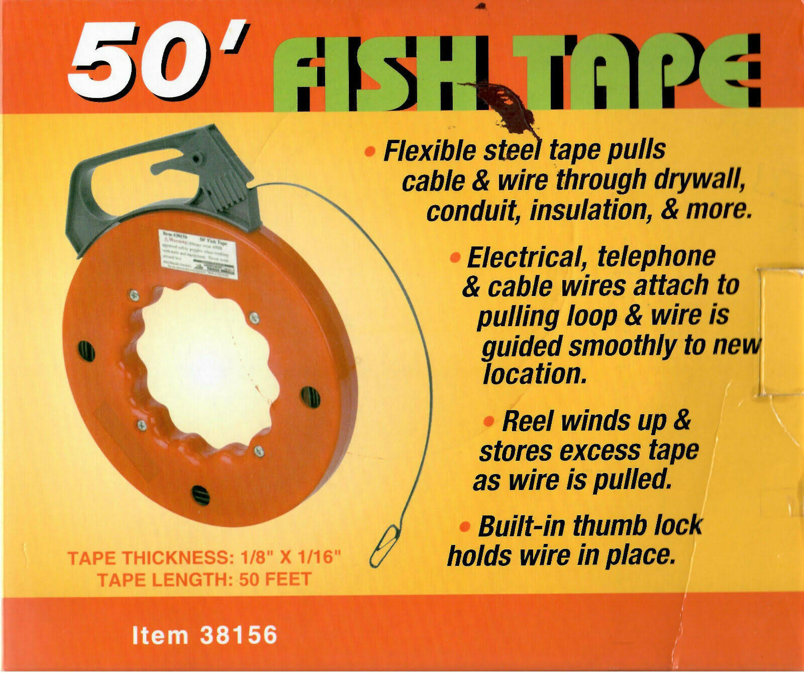Harbor 50 ft. Fish Tape 1/8 Wide, 1/16 Thick with Built-in Thumb Lock and Rewind