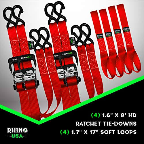 Rhino USA 1.6in x 8ft HD Ratchet Tie Down Set Red(4 Pack)