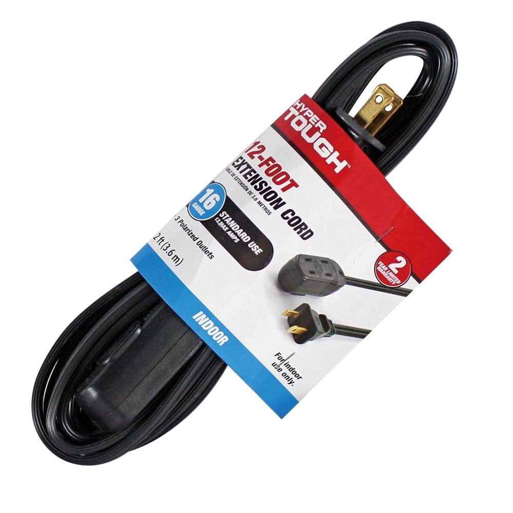 Hyper Tough 12ft 16AWG 2 Prong Black Indoor Use Household Extension Cord