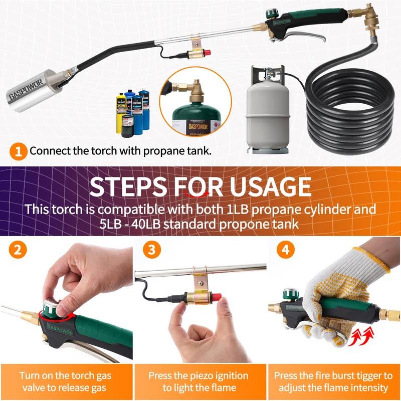 GASPOWOR Heavy Duty Weed Torch,Propane Torch Weed Burner with 8.8 ft Hose(CSA),800,000 BTU, Self Igniting Flame Weeder for Weeding,Roof Asphalt,Snow