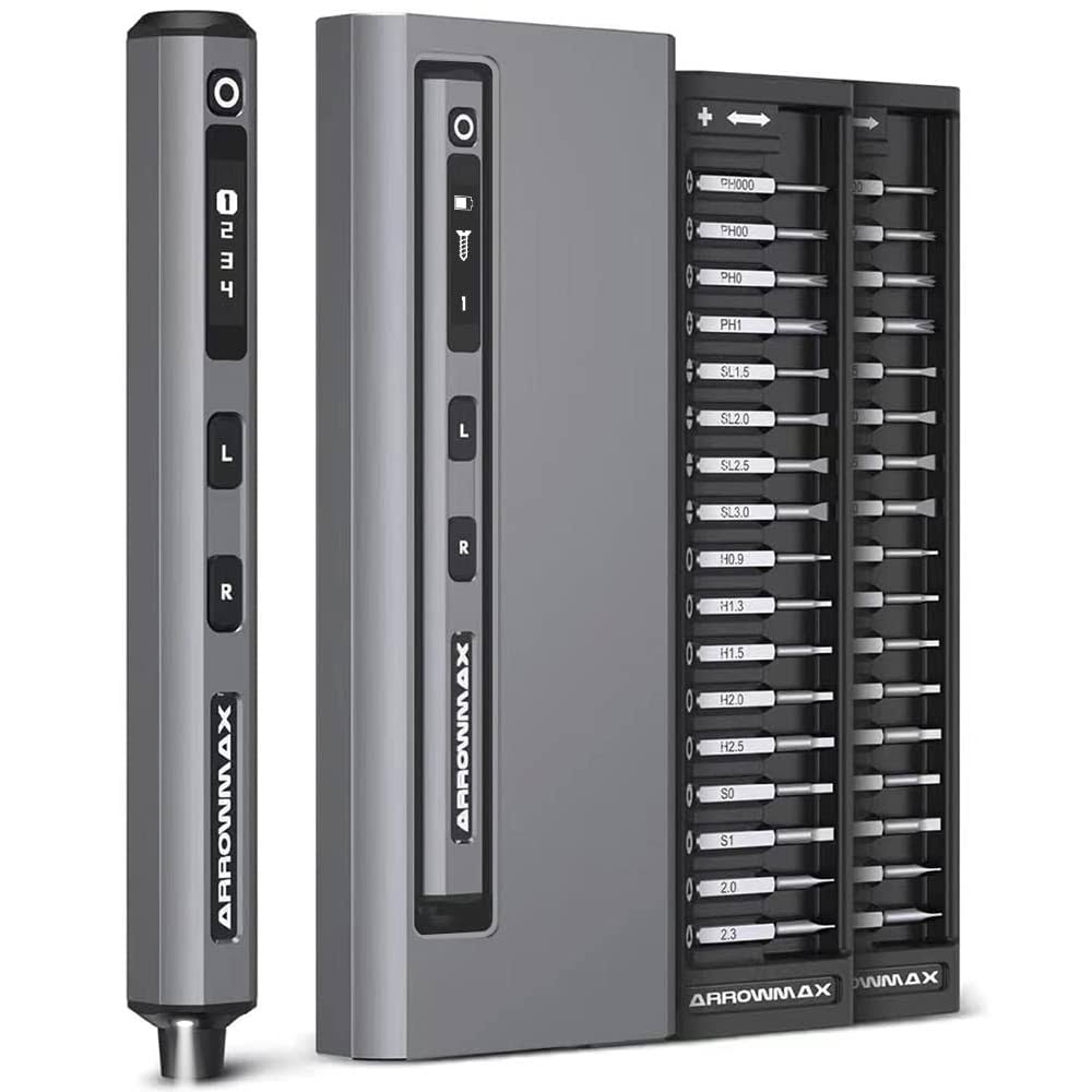 Am Arrowmax Electric Screwdriver, Precision Screwdriver w/ 34 Magnetic Bits, 4 Torque Settings, Red Dot, If Winning Design, Rechargeable Mini