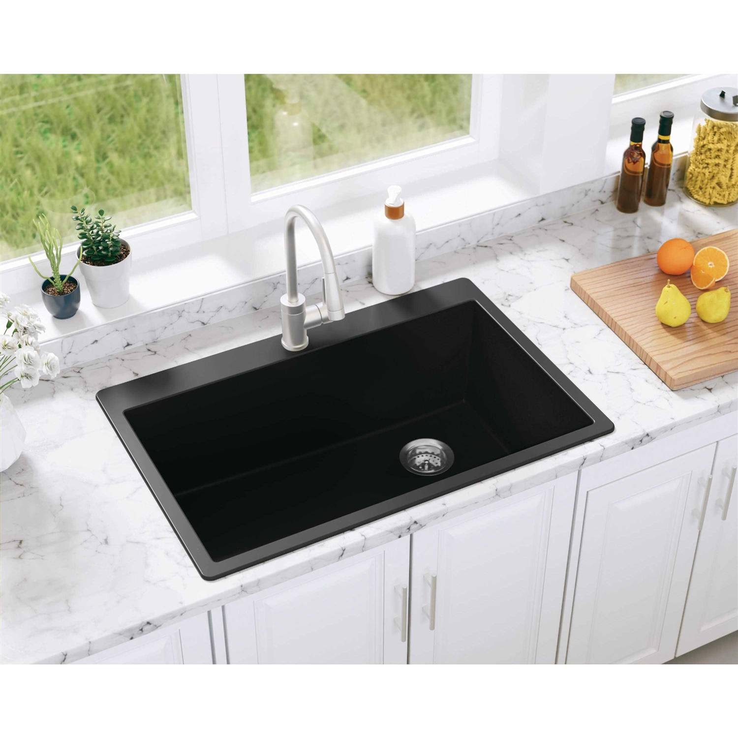Allen + Roth DeForest Collection Dual-Mount 33-in x 22-in Nero Granite Single Bowl 5-Hole Kitchen Sink in Black | SIGN100XLDM13