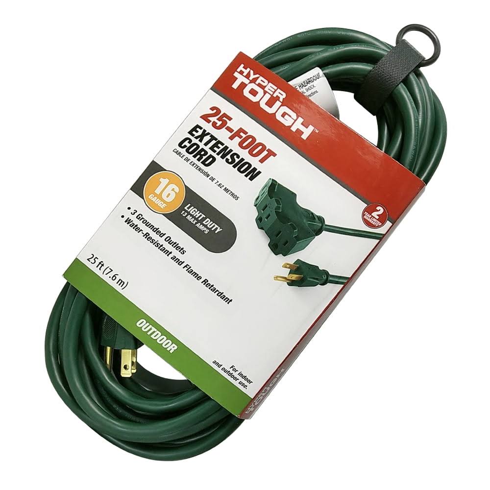 Hyper Tough 16AWG 3 Prong Triple Outlet Outdoor Extension Cord- Green- 25 ft