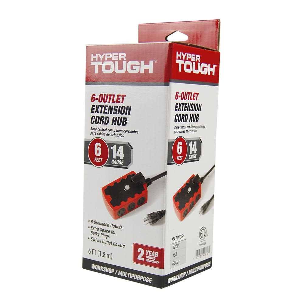 Hyper Tough Outdoor 6-Outlet 6ft Extension Cord Hub, Red/Black