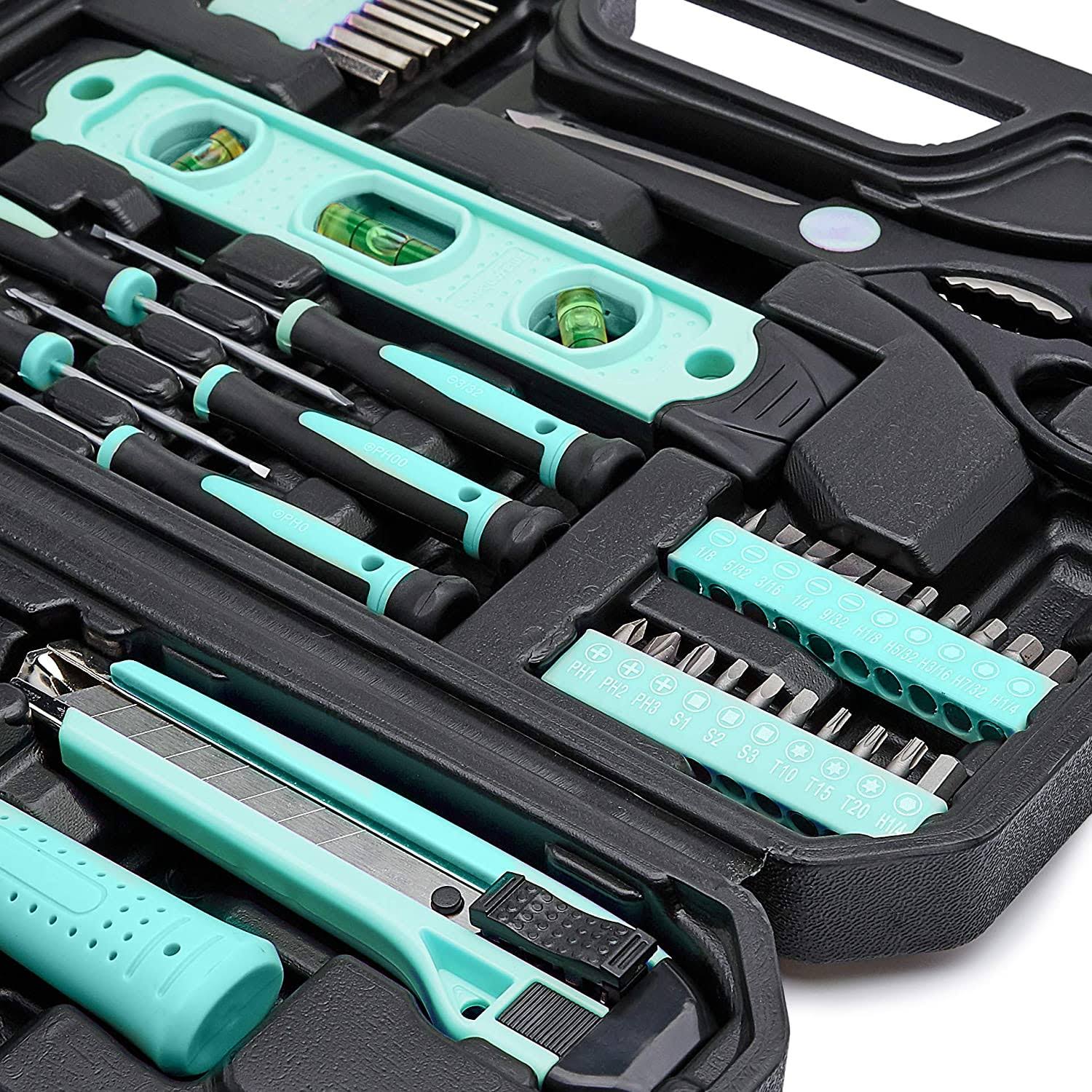 Amazon Basics Household Tool Kit with Storage Case, 142 Piece, Turquoise, 13.39 x 9.25 x 2.95 inch