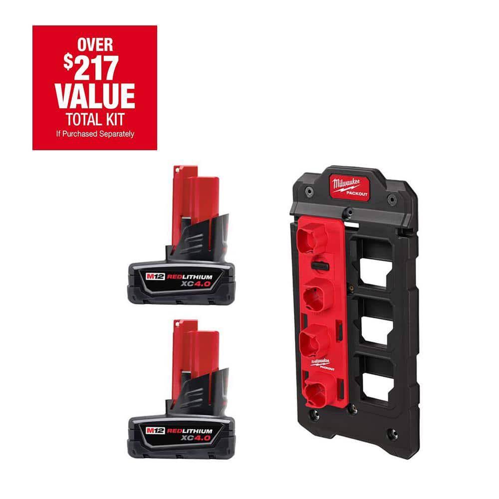 Milwaukee M12 12V Lithium-Ion XC Extended Capacity 4.0 Ah Battery 2-Pack w/PACKOUT Compact Wall Plate & M12 Battery Rack