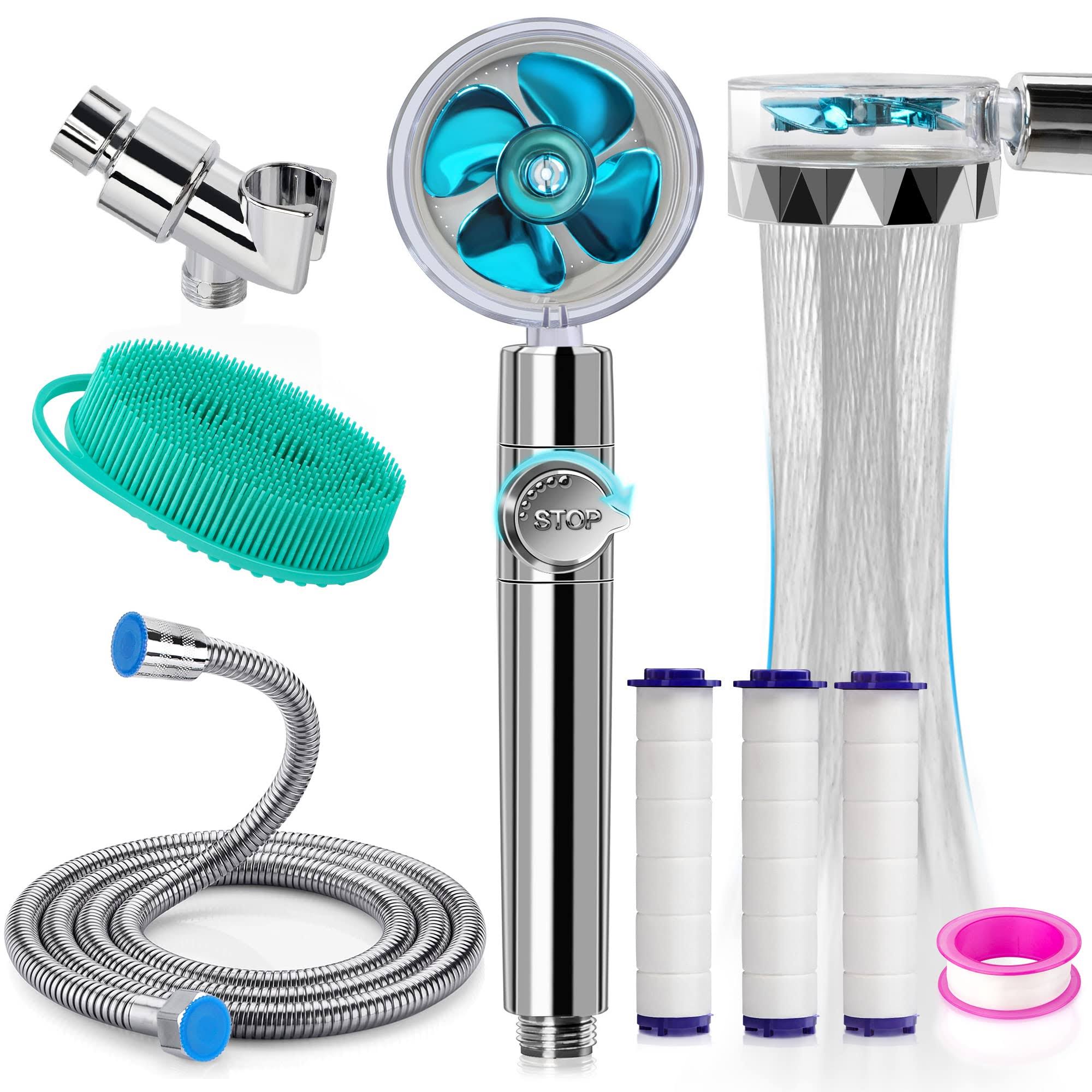 APETHS High Pressure Shower Heads Kit with 79 inch Shower Hose/Shower Arm Holder/3 PP Cotton Filters/Silicone Body Scrubber Loofah, Handheld Turbo Fan