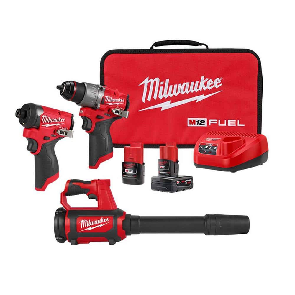 Milwaukee M12 Fuel 12-Volt Lithium-Ion Brushless Cordless Hammer Drill and Impact Driver Combo Kit with Compact Spot Blower #3497-22-0852-20