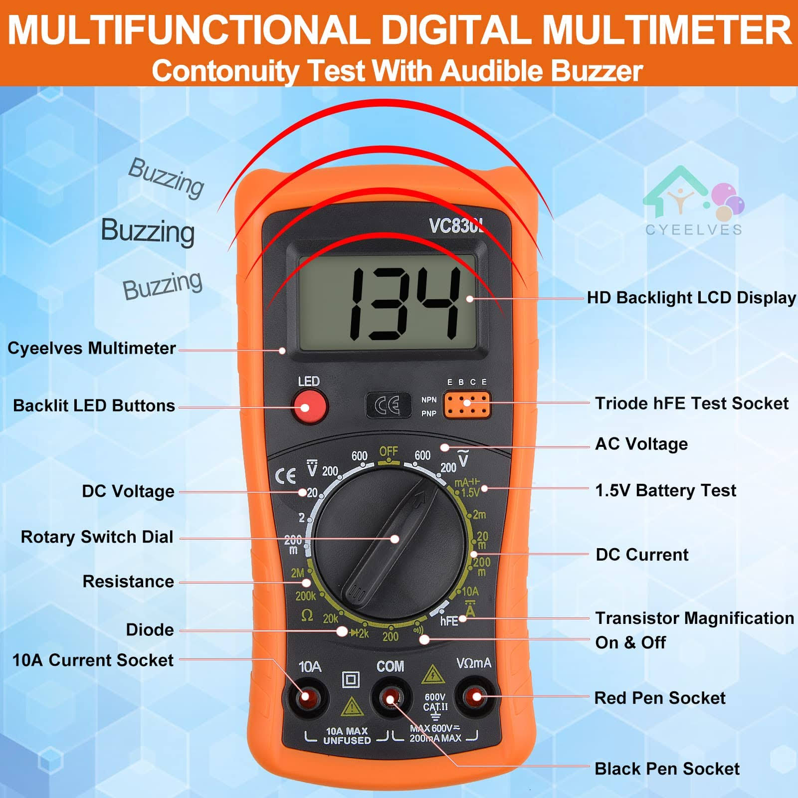 Cyeelves Digital Multimeter, Multimeter with AC DC Voltmeter & Ohm Volt Amp Tester, Multifunction Battery Tester, Pocket Meter with Backlight Tests