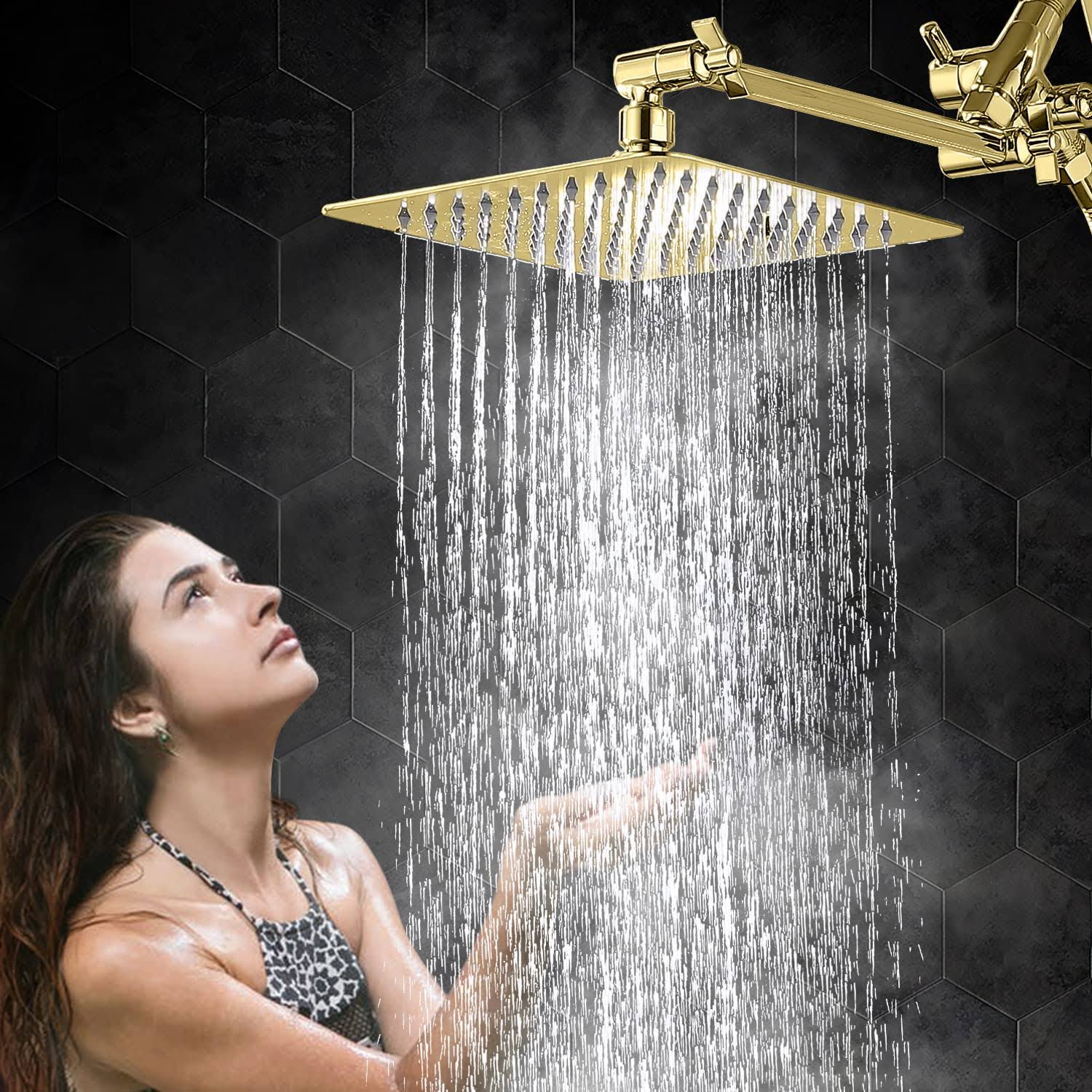 G-Promise All Metal Dual Square Shower Head Combo | 8' Rain Shower Head | Handheld Shower Wand with 71' Extra Long Flexible Hose | 3-Way Diverter | Ad