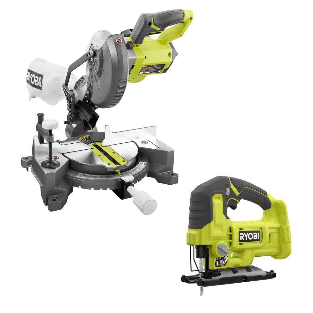 Ryobi One+ 18V Cordless 2-Tool Combo Kit with 7-1/4 in. Compound Miter Saw and Jig Saw (Tools Only)