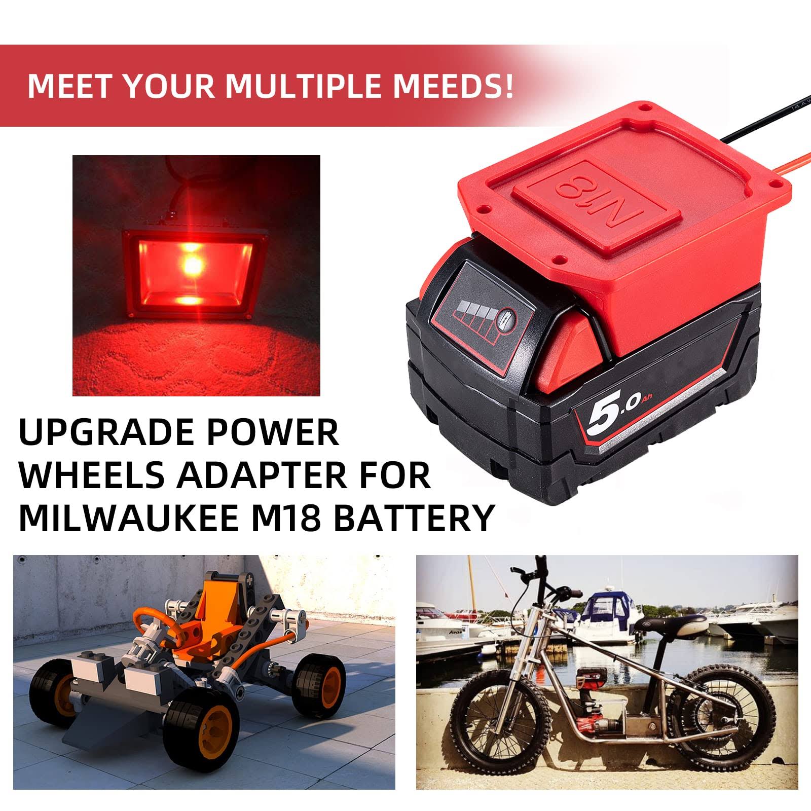 Power Wheel Adapter for Milwaukee 18V Lithium Battery Secure Battery Adapter with Fuse & Wire Terminal,14 Gauge Wire Power Convertor for DIY RC Trucks