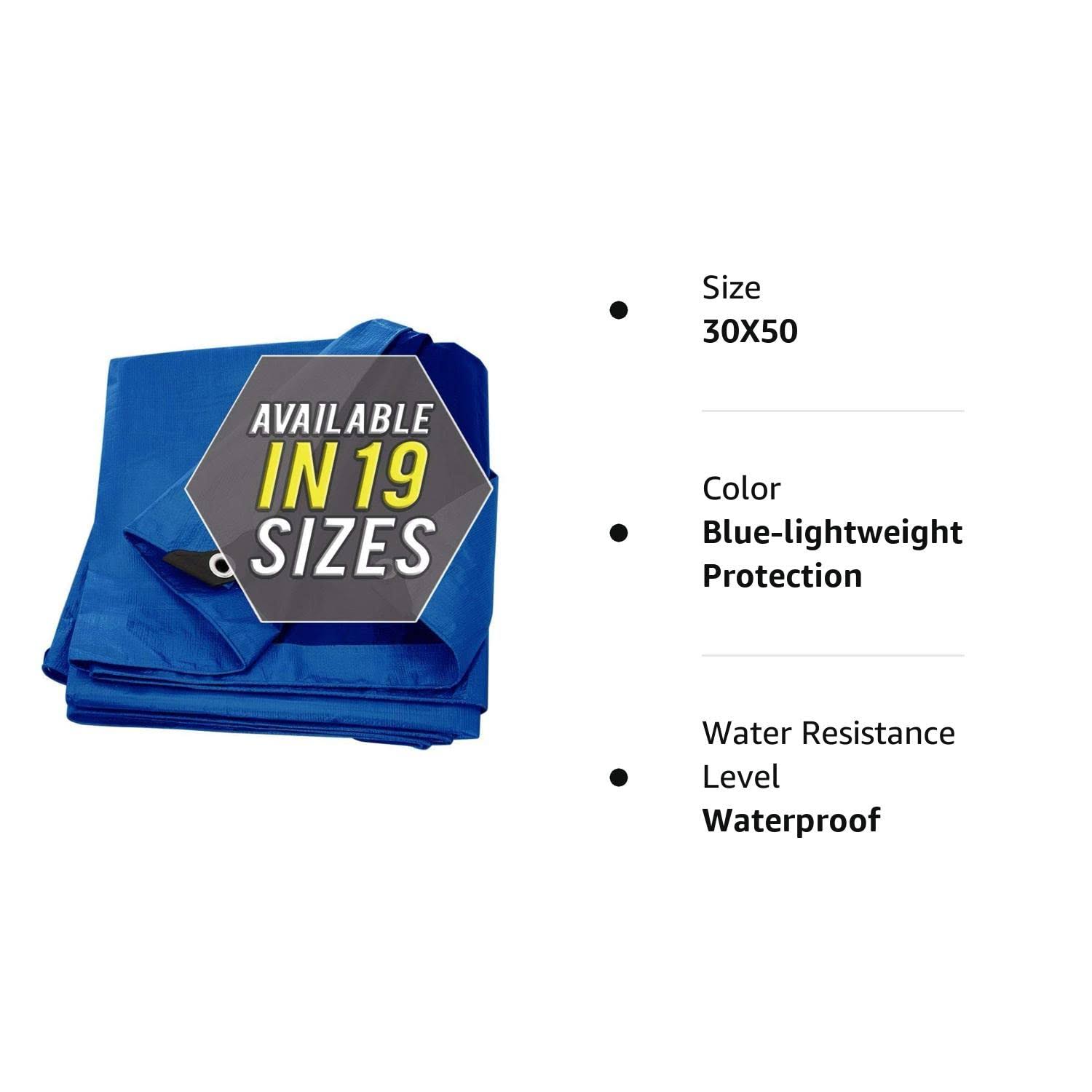 Tarp Cover Blue Waterproof 30x50 Great for Tarpaulin Canopy Tent, Boat, RV or Pool Cover!!! (Standard Poly Tarp 30'X50')