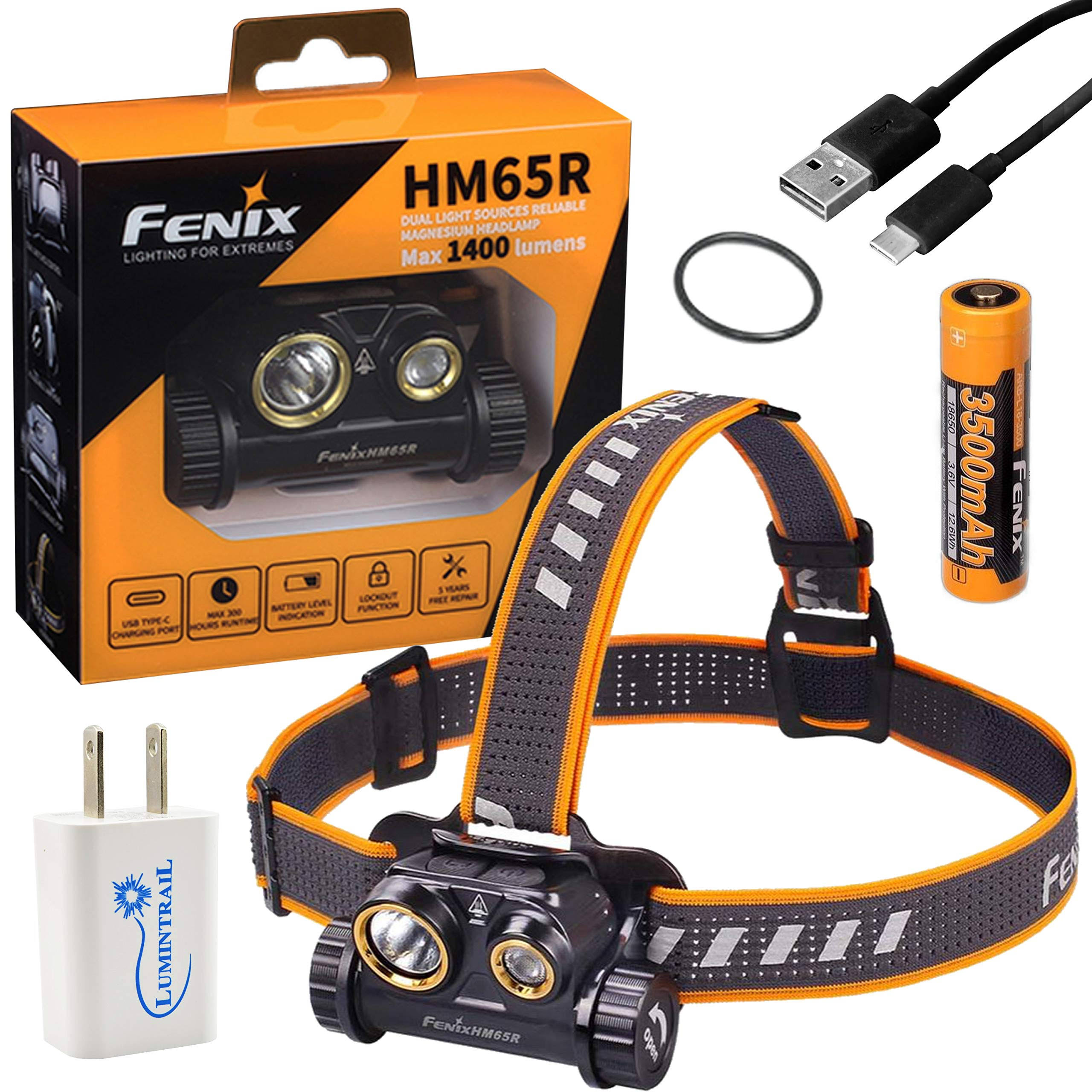 Fenix HM65R USB Type-C Rechargeable Headlamp with Lumintrail USB Wall Plug
