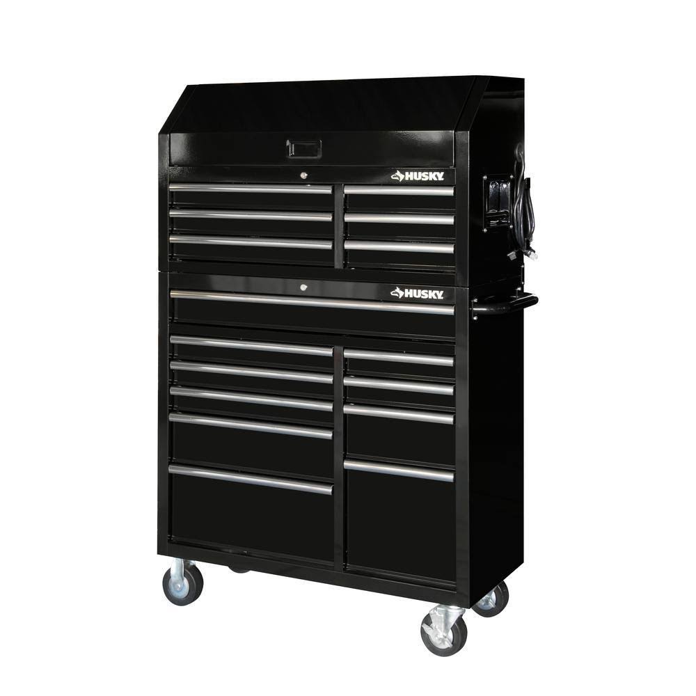 Husky 41 in. W x 24.5 in D Standard Duty 16-Drawer Combination Rolling Tool Chest and Top Tool Cabinet Set in Gloss Black