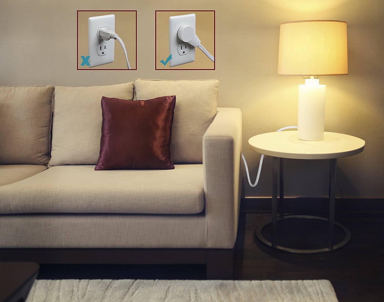 Maximm Cable 10 ft 360 Rotating Flat Plug Extension Cord / Wire, 16 AWG Multi 3 Outlet Extension Wire, 3 Prong Grounded Wire White UL Listed